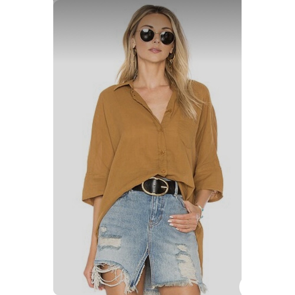 Free People Best of Me Button Down Raw Hem High Low Oversize Bronze Shirt XS